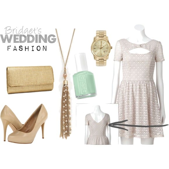 Bridget's wedding fashion inspiration board featuring gold accessories is chic. 