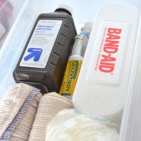 A special clear box with first aid kit essentials is helpful.