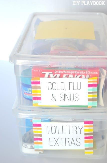 Labels on every box help you find medicines or toiletries quicker.