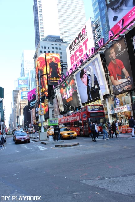 Times Square in NYC is busy and colorful.