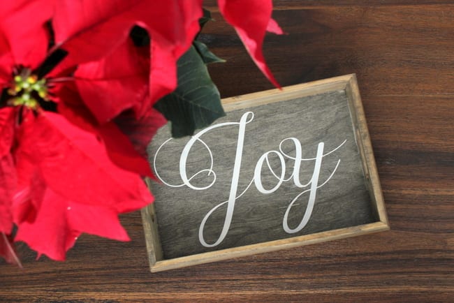 This joy drink tray is festive for the holiday season.