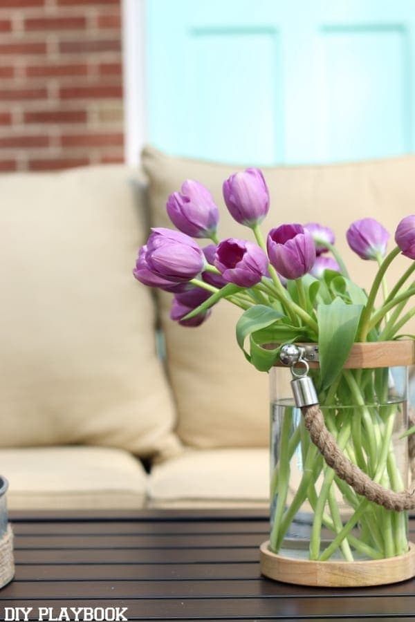 Tulips in a vase on a patio