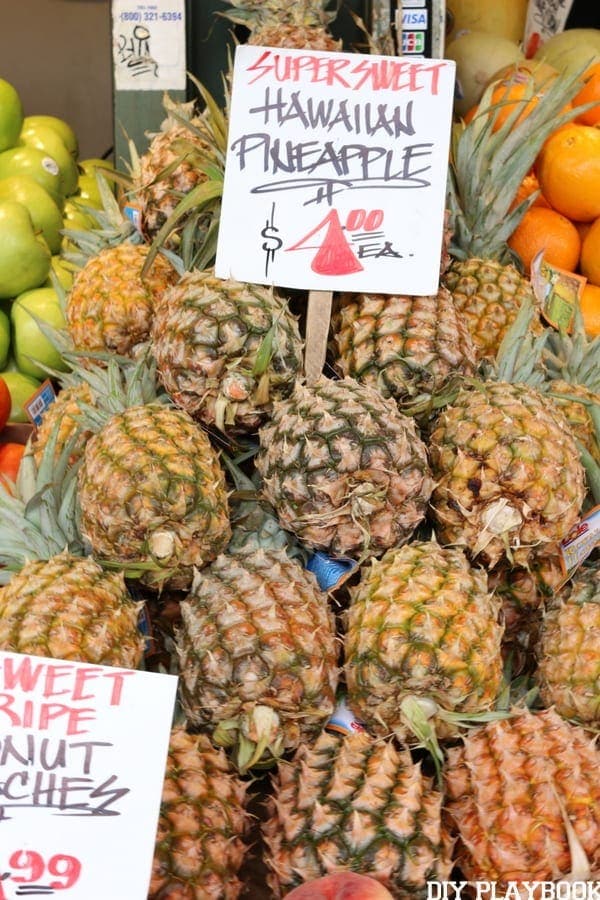 Pike Place market is full of all kinds of delicious goodies - like pineapples!