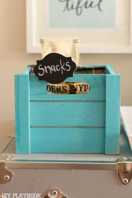 Labeling a place for snacks in a dorm room is useful.