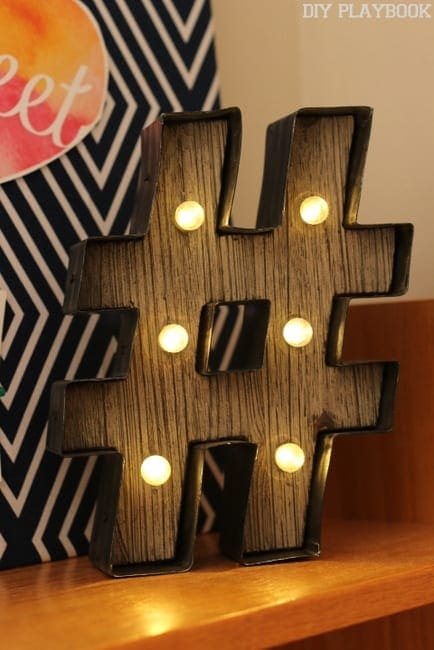The hashtag decor piece lights up.