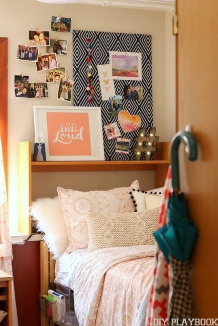 The made over dorm room looks much cuter than before.