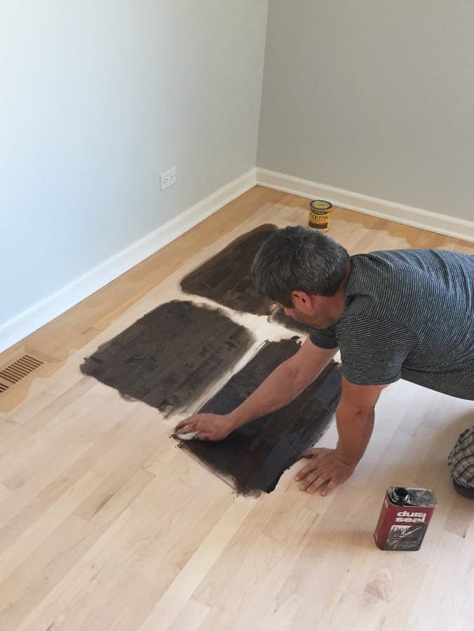 The stain options were applied directly to the floor to make picking the color easier.