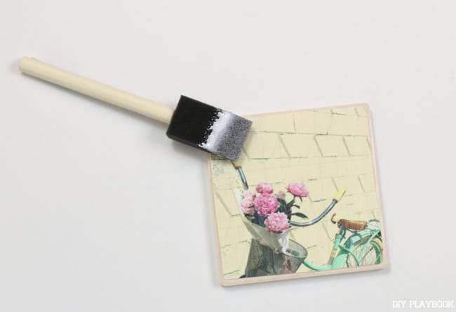 Apply the photo to the tile coaster and let set.