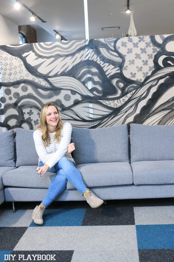 Casey falling in love with this modern sofa at Interior Define. 