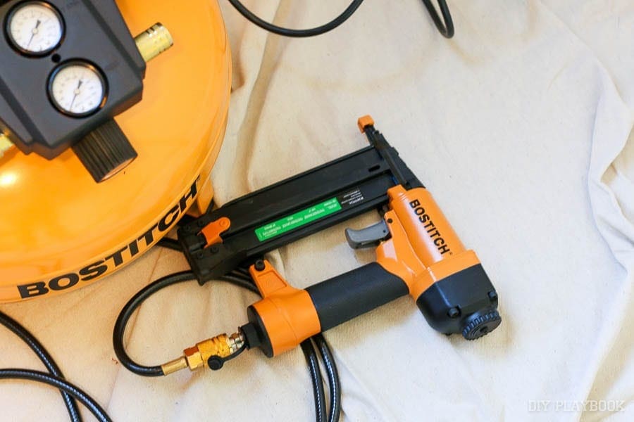 Using a Bostitch nail gun for securing the boards on this project. 