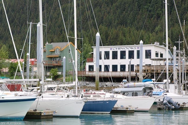 Sailboats line the dock in this Alaskan town. 