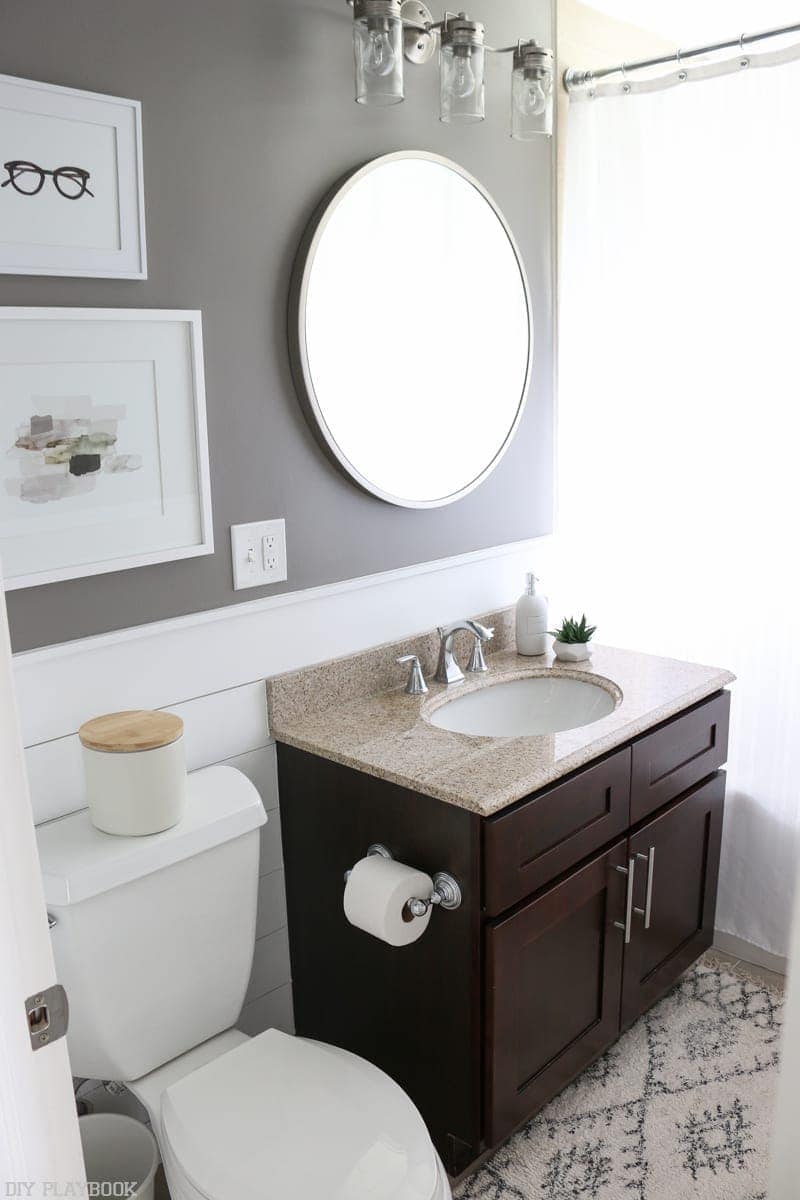 A beautiful gray color on the walls really makes the white shiplap walls pop.