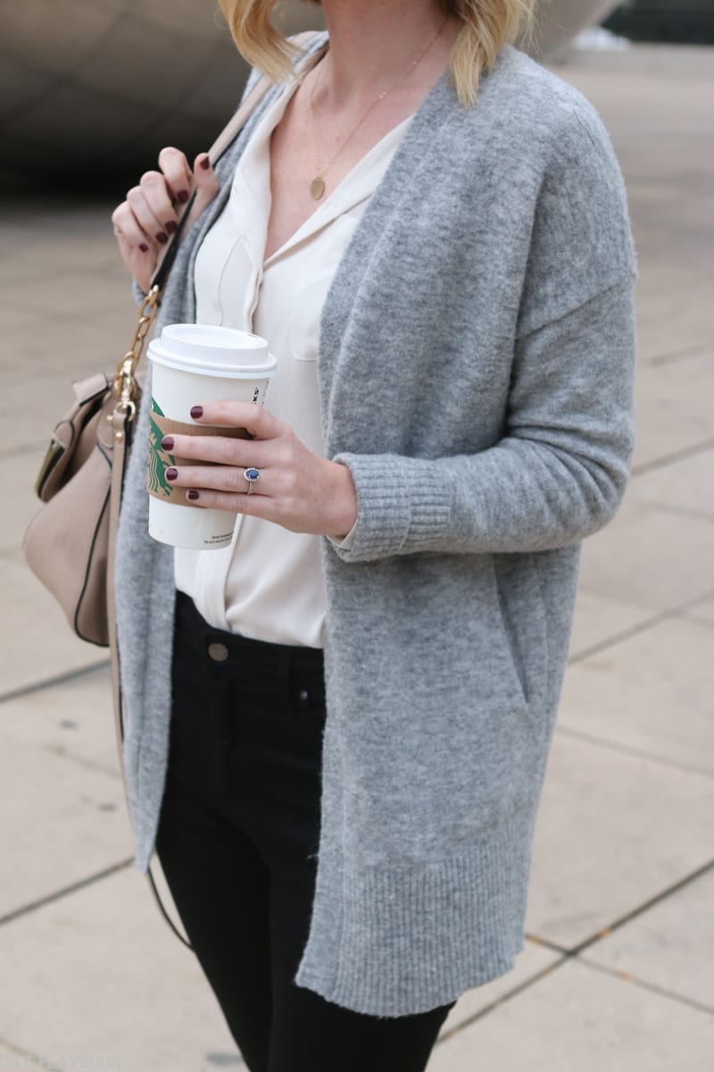 Bridget's gray cardigan.