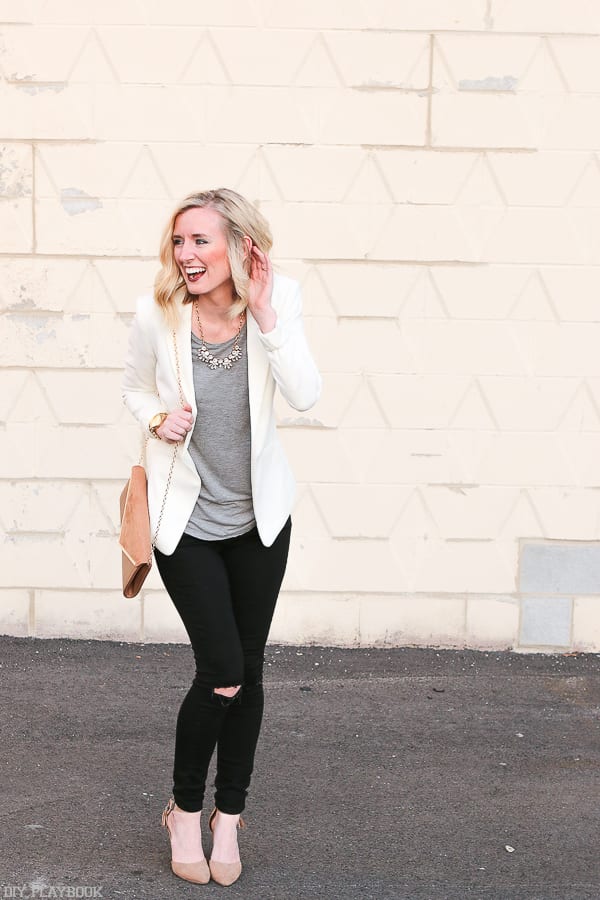 Sparkley statement necklace on the weekend with blazer and jeans.