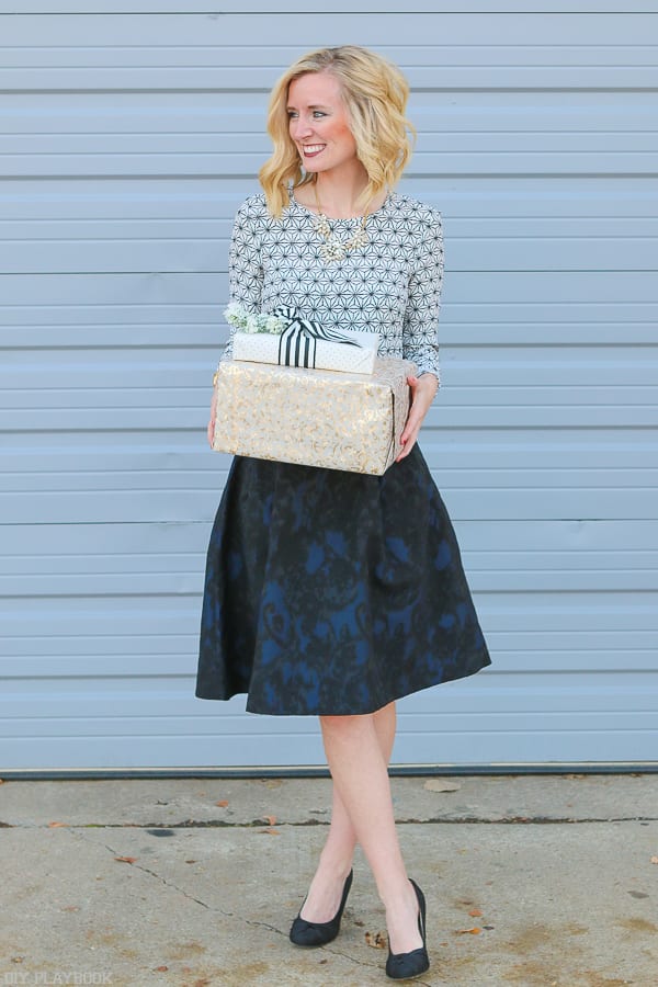 Bridget's holiday outfit with skirt and top