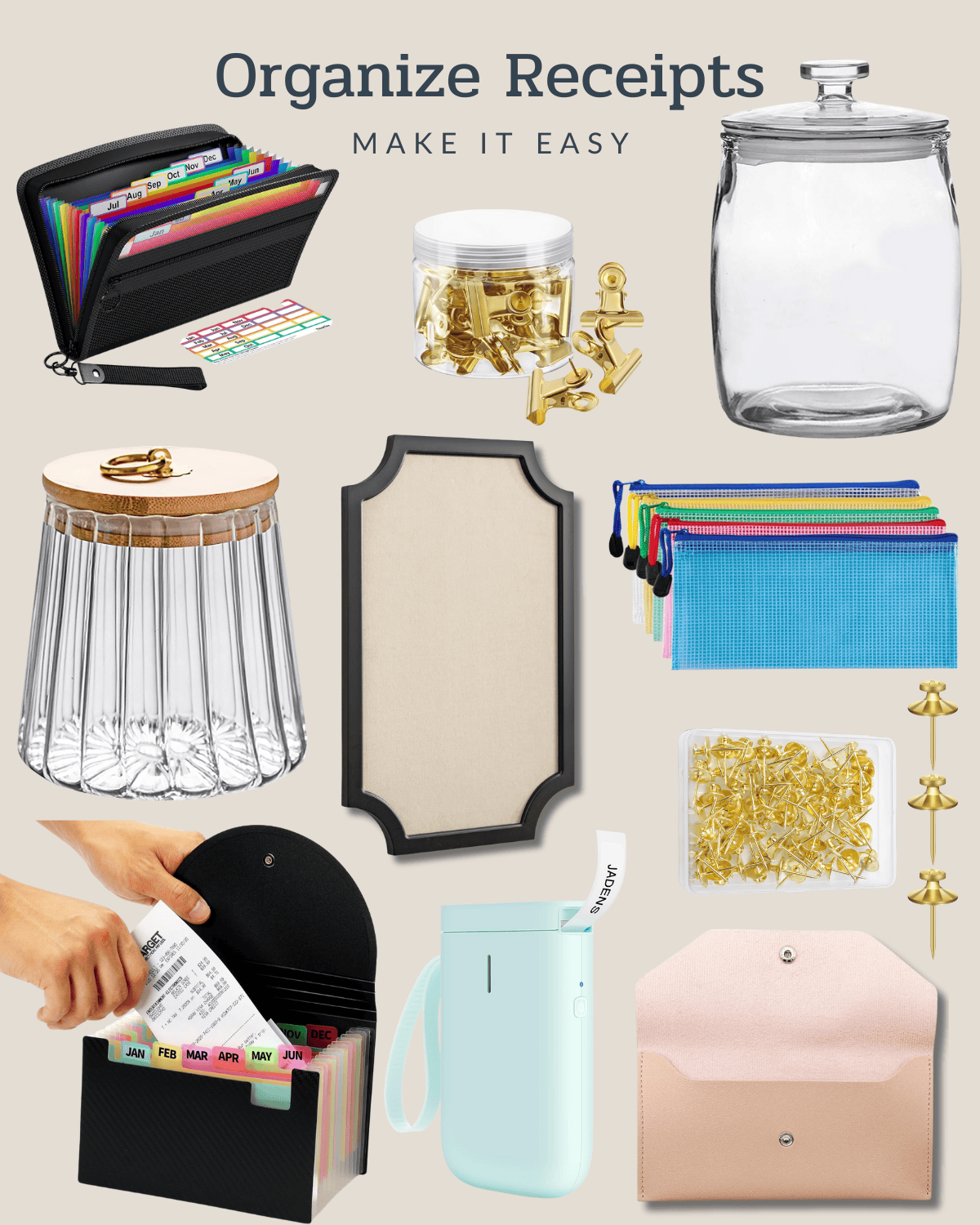 round up of items to organize receipts