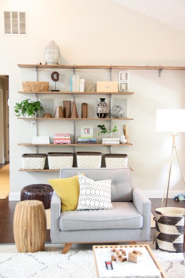 These mounted shelves are great for displaying decorations and for storage.
