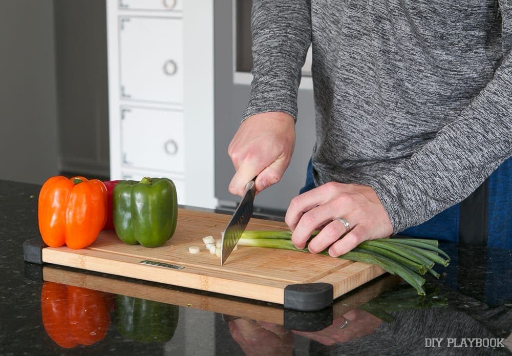 Celery, broccoli, and peppers will be cut so they can easily be hummus dippers.