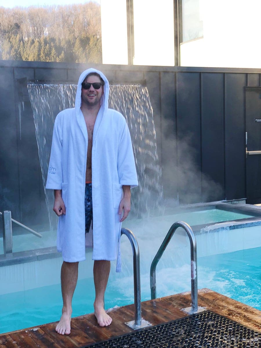 Finn in a cozy robe at the spa