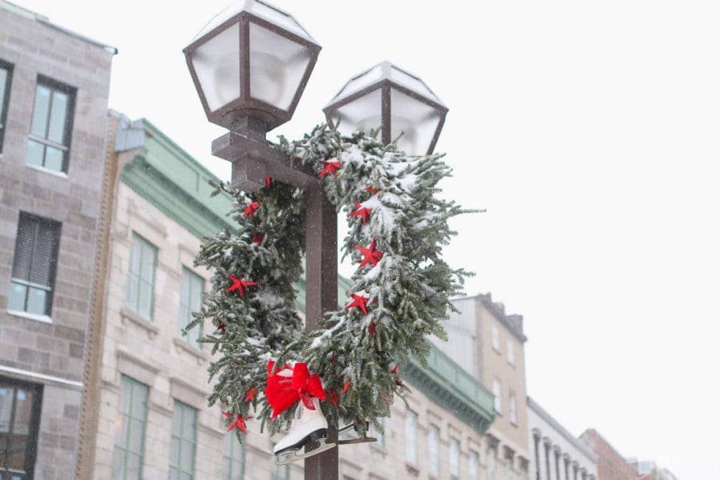Ice skates on a wreath in Quebec City