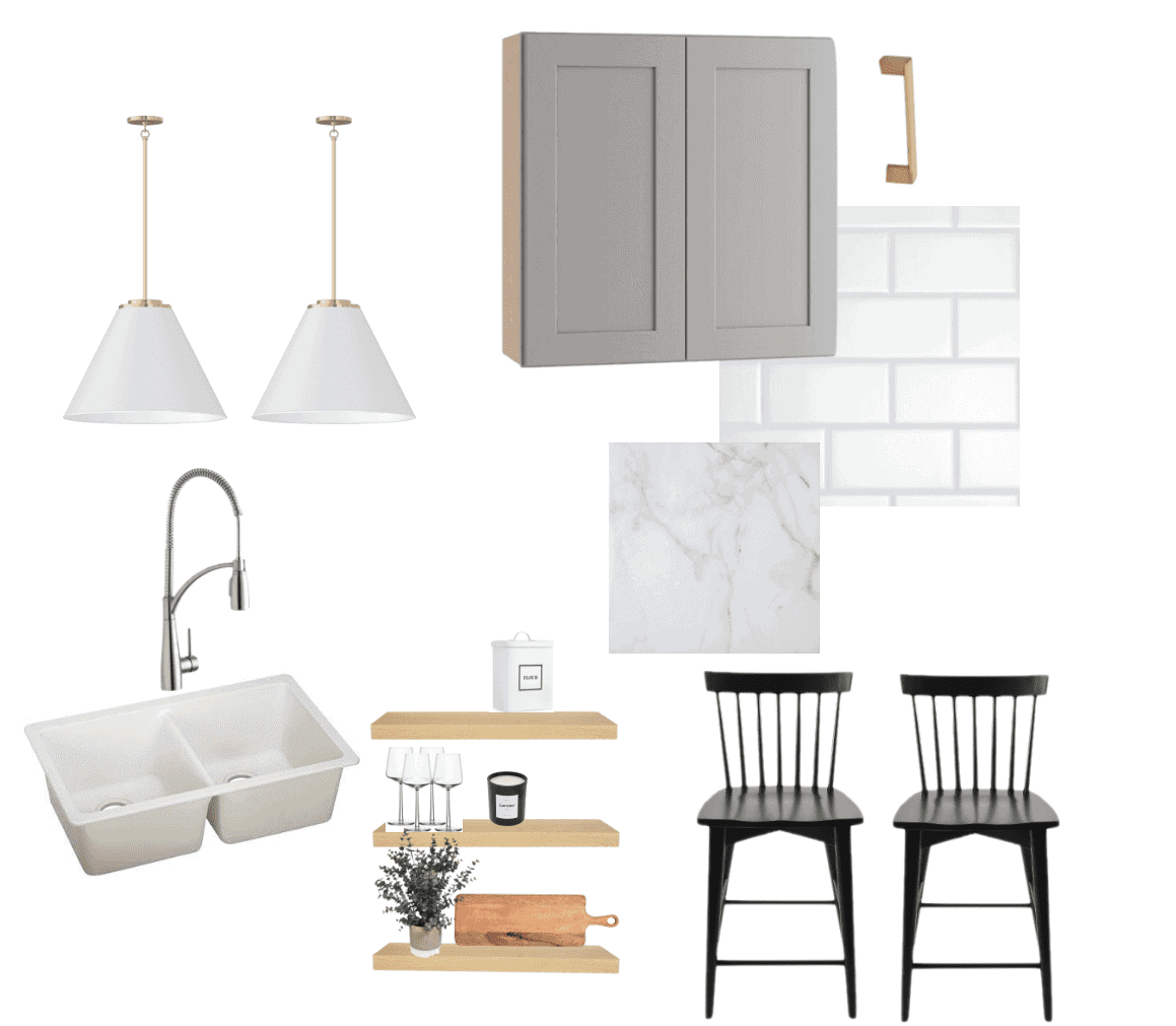 A mood board for a kitchen makeover with brass and marble