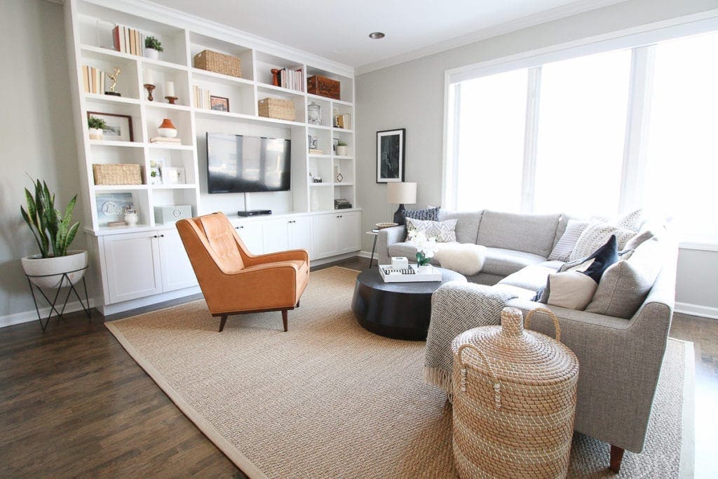 Built-in bookshelves in a large family room space