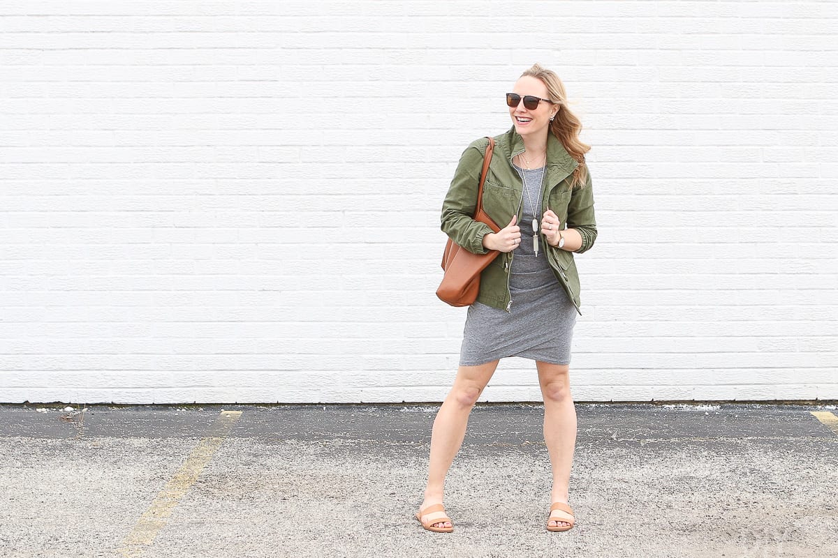 A neutral dress, utility jacket, and sandals for spring!