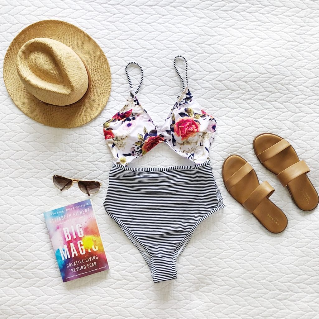 A striped swimming suit and sandals for summertime