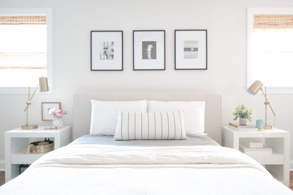 white, neutral bedroom with serena and lily nightstands