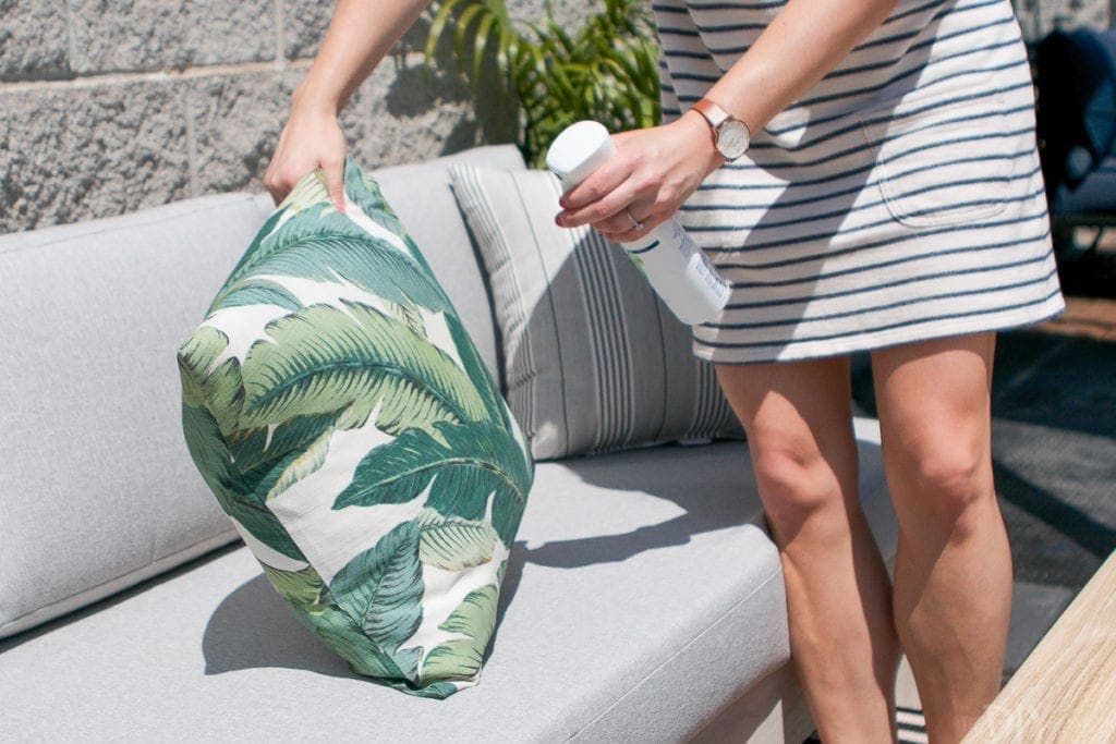 Febreze ONE eliminates odors on fabric like outdoor pillows
