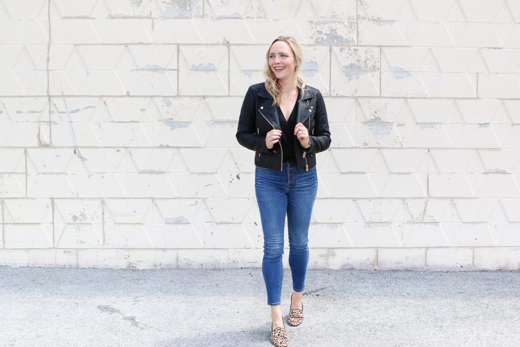 A faux leather jacket priced at $65. 