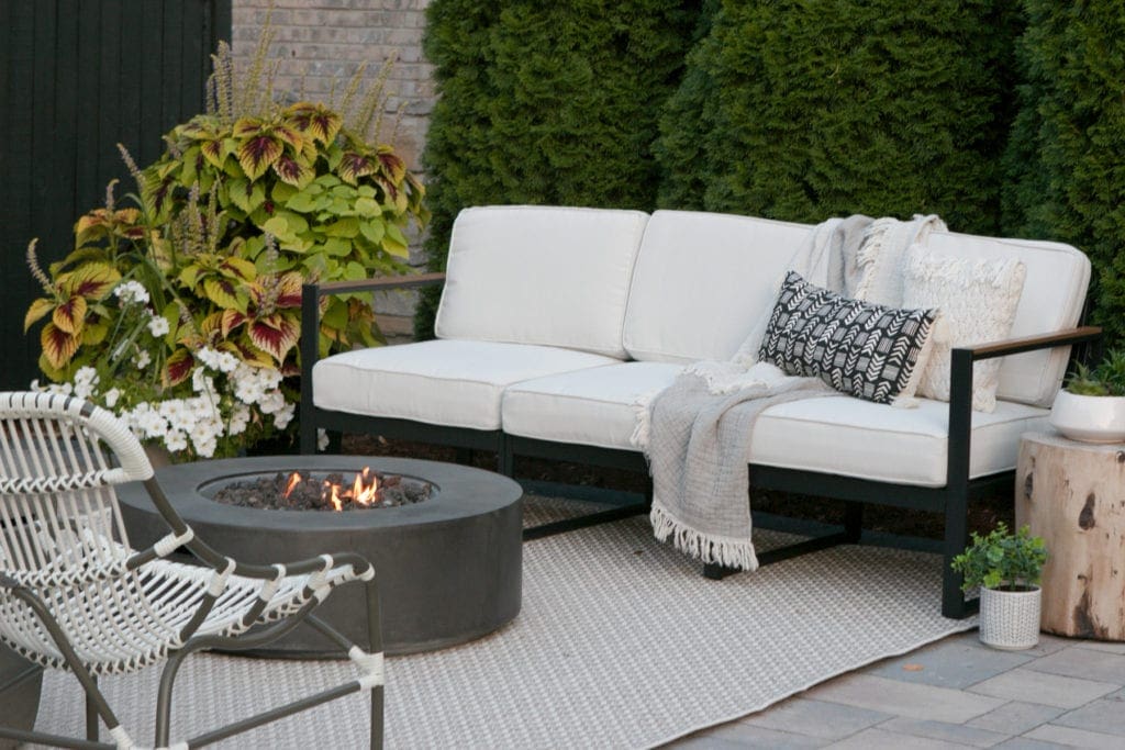 neutral patio with modern firepit