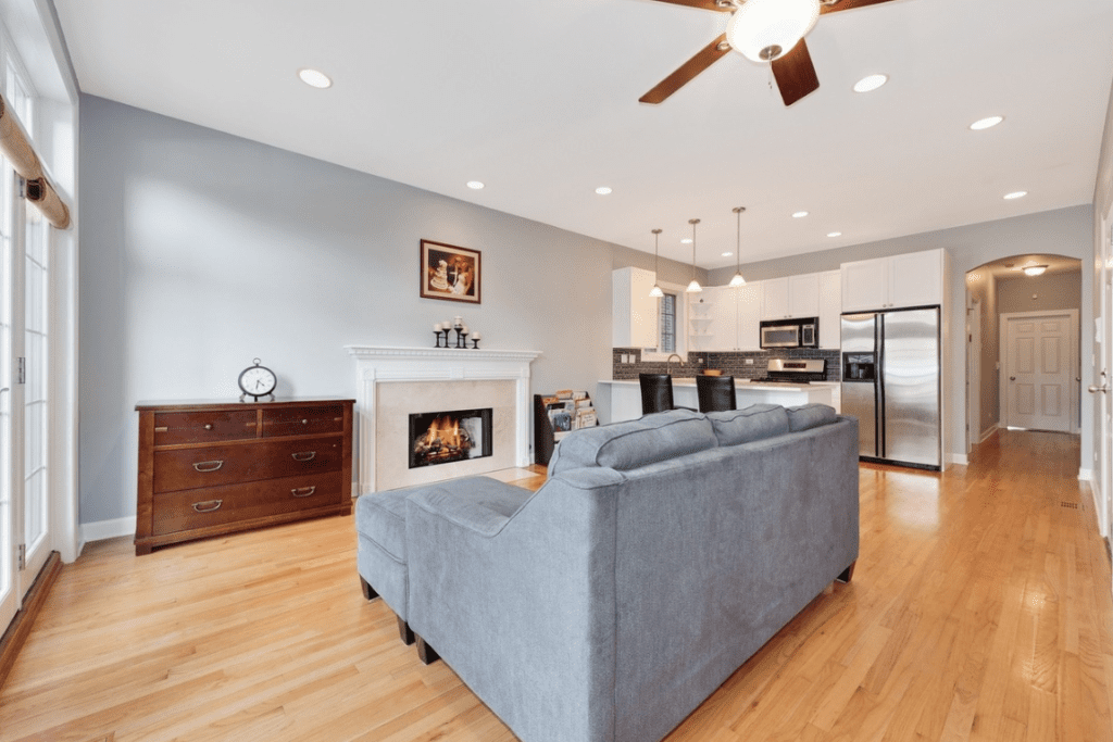 Off-center fireplace in a living room space