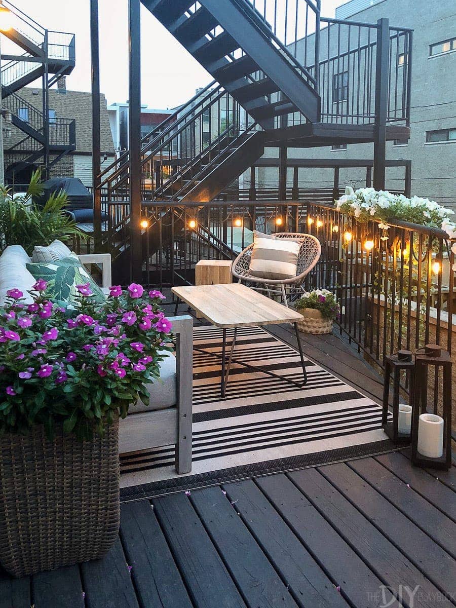 Back patio with string lights
