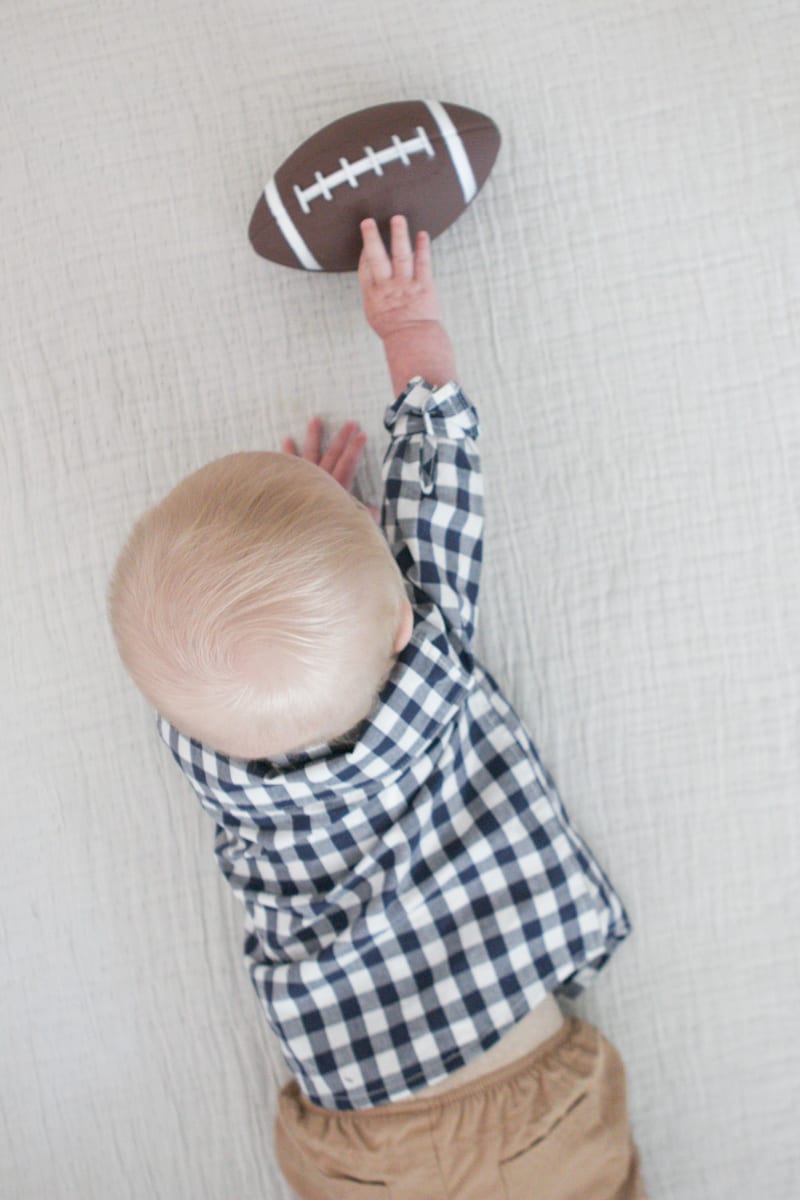 Baby pictures with checkered shirt and football