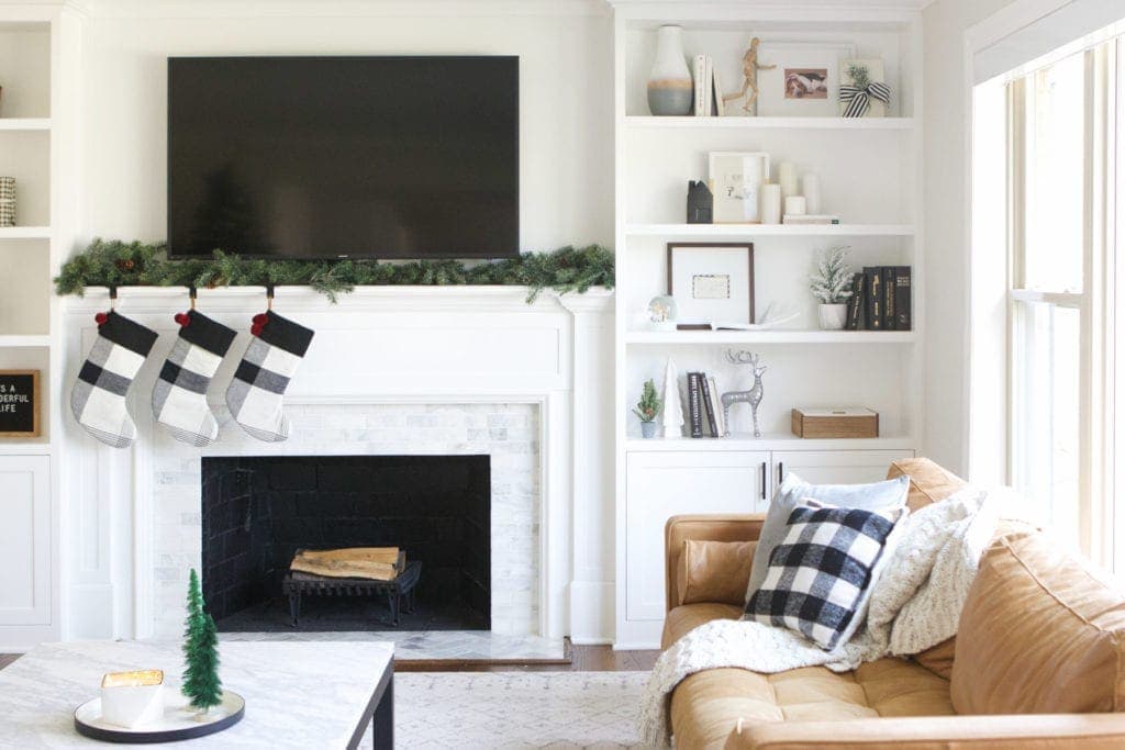 living room decor with plaid stockings