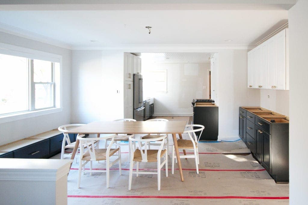 Lowe's kitchen cabinets in a dining room and kitchen