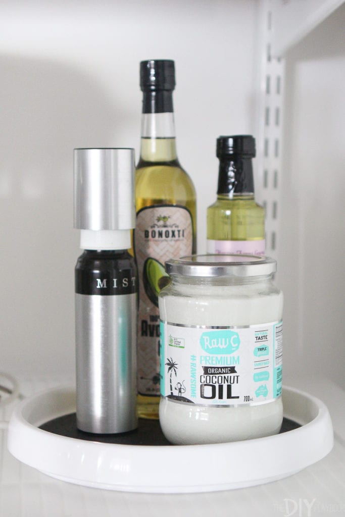 Corral items on a lazy susan in an organized pantry