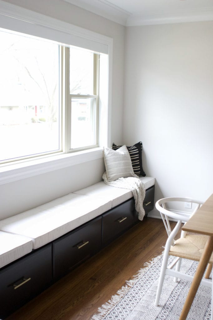 long window bench made with kitchen cabinets