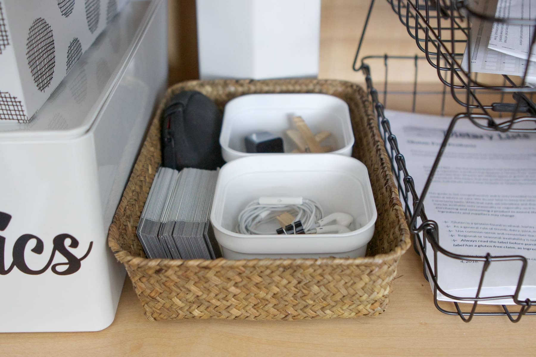 organizing tech stuff in a cabinet
