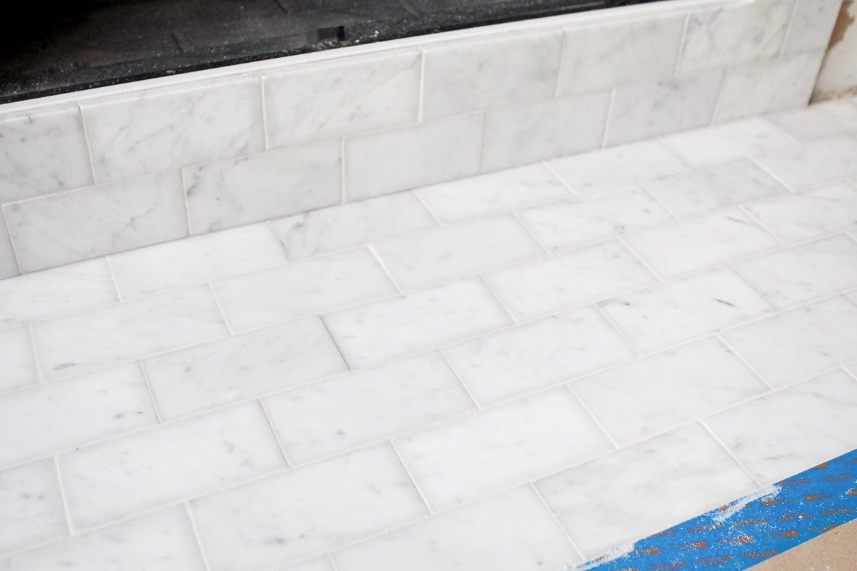 Marble subway tile with gray grout