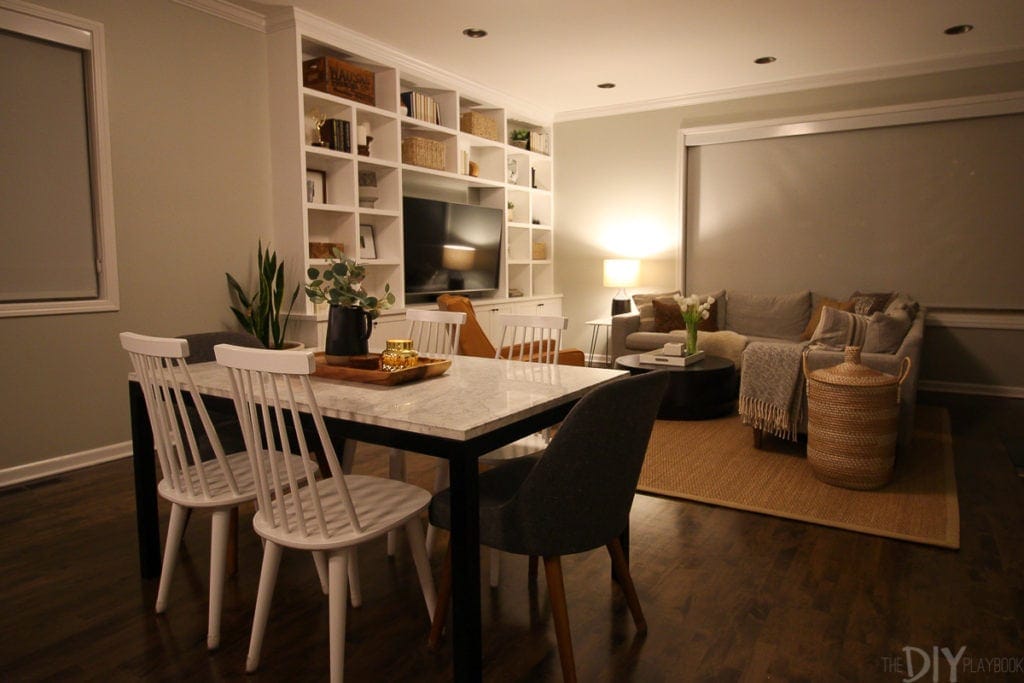 Family room in condo after dark