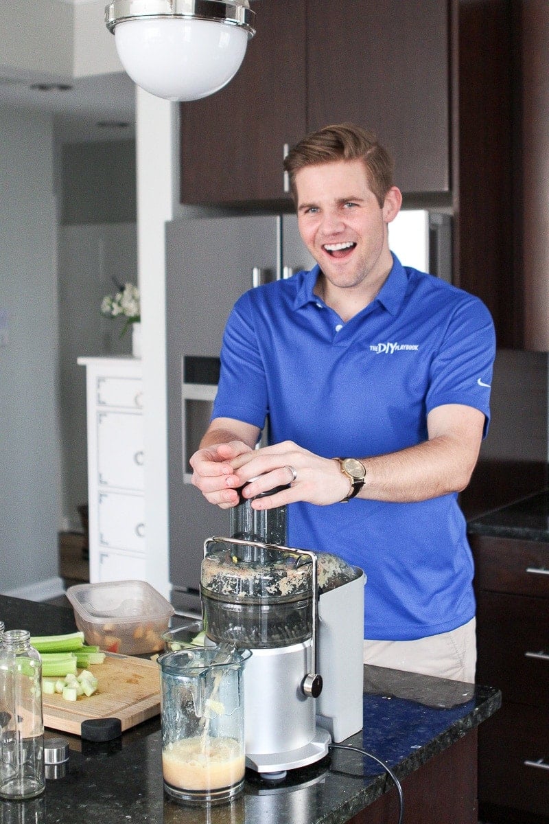 Finn making celery juice in the morning
