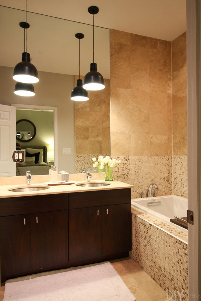 Large master bathroom at night