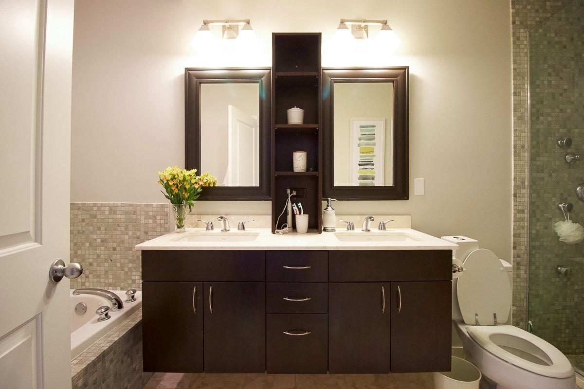 A builder-basic vanity in need of a master bathroom refresh