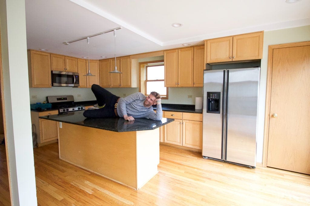 Finn laying on the kitchen island