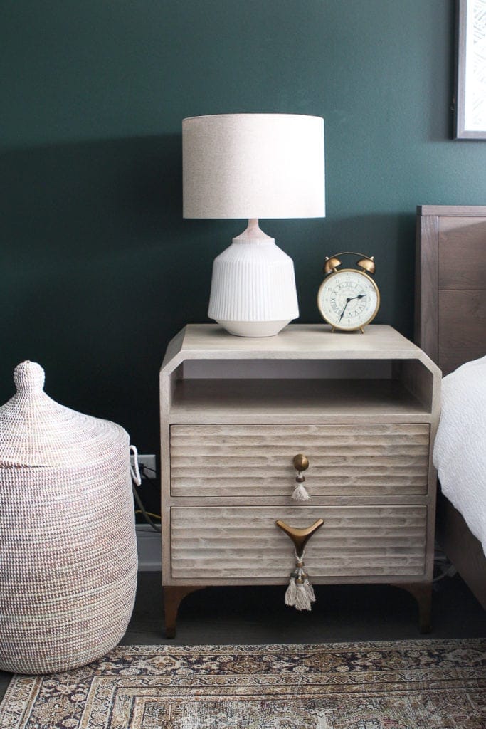 Light wood nightstands in a bedroom