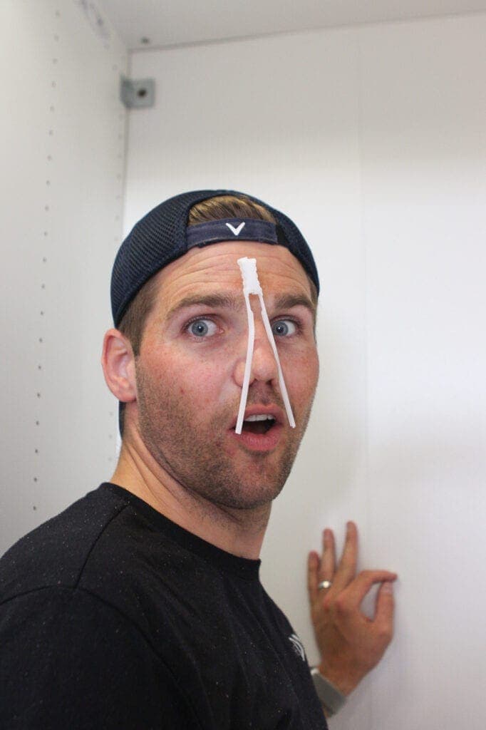 Finn with a snap toggle bolt on his nose