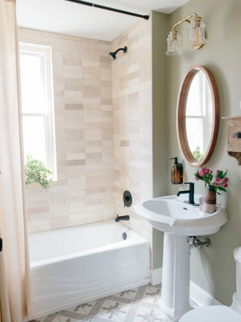 extra long cream shower curtain in our bathroom