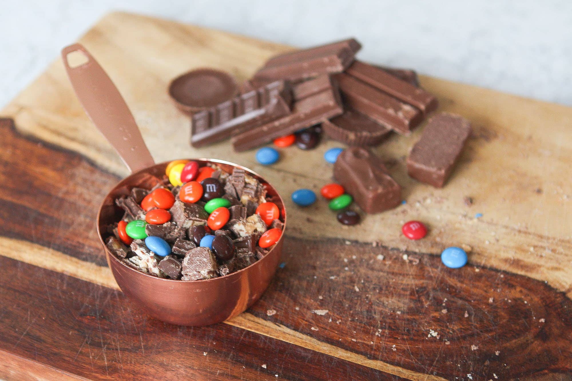 Chopped up leftover halloween candy for a dessert